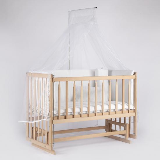 Full Organik Ahşap Beşik Anne Yanı Sallanır Beşik 60x120cm+Beyaz Uyku Set+Yatak